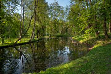 Water maze channel near the White Lake in Gatchina Park on a sunny autumn morning, Gatchina, St. Petersburg, Russia