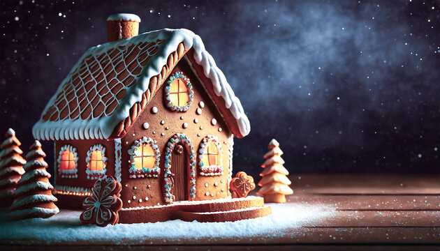 Winter Home Scene; Gingerbread House On Dark Purple Background With Copy Space For Text Design Or Logo.