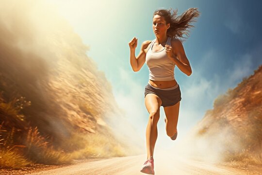 Runner Female dash race run jog fit woman fitness take off athletic slim thin country road sun summer spring forest sport objective jogging start future
