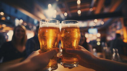 Fototapeta na wymiar two people toasting glasses of beer