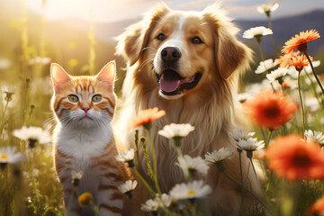 Cat and dog in a flower meadow