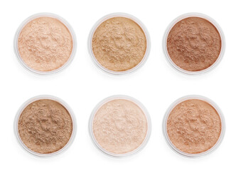 Loose face powders of different shades isolated on white, collection. Top view