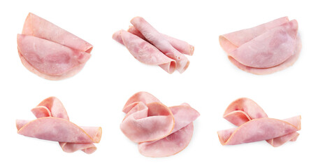 Slices of tasty ham isolated on white, set