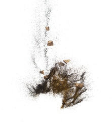 Gold ore nugget mix sand explode from Mining. Golden nugget ore grain powder explosion with sand...