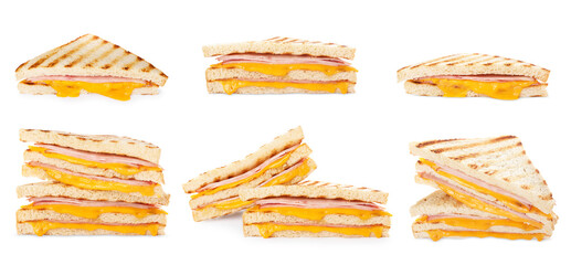 Tasty grilled sandwiches with ham and melted cheese isolated on white, collection