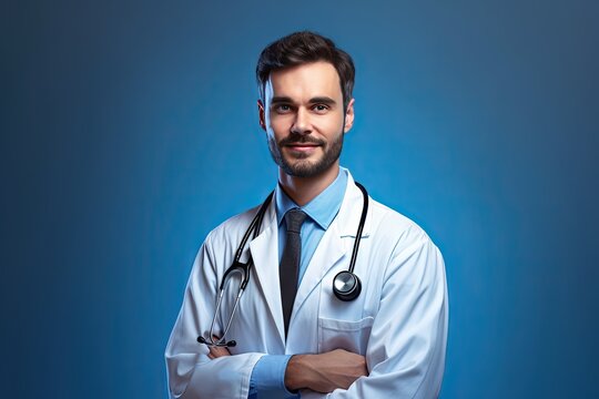 background blue doctor medical young confident portrait  doctor smile medic man physician happy health practitioner occupation medicine medicals professional photogenic attractive