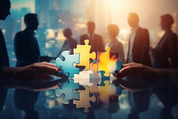 effects light exposure double partnership teamwork Concept office pieces puzzle join people Business partner piece team work network startup together success goal target strategy skyscraper - obrazy, fototapety, plakaty