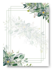 Wedding invitation card template set with green floral and watercolor background