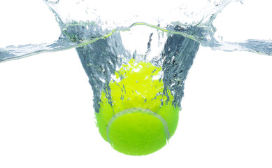 Tennis Ball falls into water and creates air bubbles on surface. Tennis green Ball drop hit smash to clear water and deep to bubble. White background isolated freeze motion