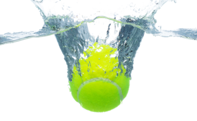 Tennis Ball falls into water and creates air bubbles on surface. Tennis green Ball drop hit smash to clear water and deep to bubble. White background isolated freeze motion