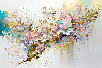 Luxury interior wall art. Spring cherry blossom, colorful and gold bloom - obrazy, fototapety, plakaty