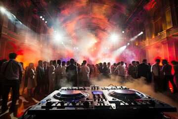 panel dj dancing background blurred people banquet sco the disco business woman music meeting...