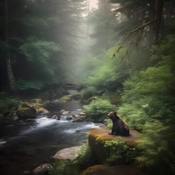 a cuddly bear akin to this lounges by a babbling brook, its fur glistening from the water's mist. around it, the forest teems with life, the lush greenery reflecting the vibrancy of nature&rsquo;s
