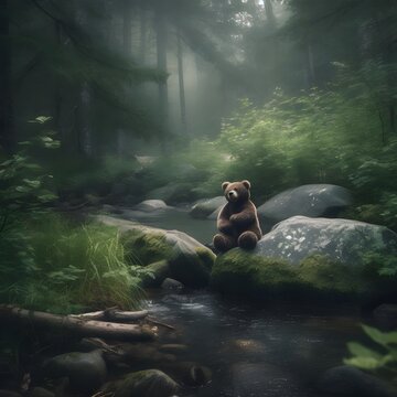 a cuddly bear akin to this lounges by a babbling brook, its fur glistening from the water's mist. around it, the forest teems with life, the lush greenery reflecting the vibrancy of nature&rsquo;s