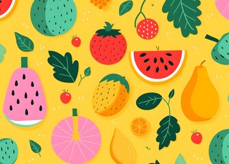 fruits and vegetables designs background wallpaper, in the style of jon burgerman, vintage aesthetics, yellow and pink, colorful animation stills, cottagecore  - obrazy, fototapety, plakaty
