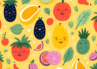 fruits and vegetables designs background wallpaper, in the style of jon burgerman, vintage aesthetics, yellow and pink, colorful animation stills, cottagecore 