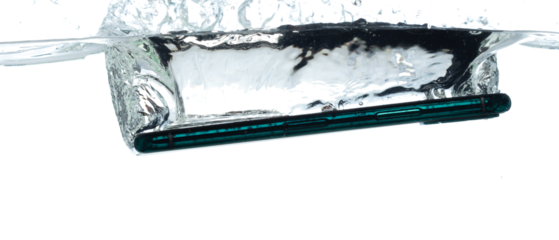 Smart phone accident fall into clear water with air bubble. Smartphone cell phone accidentally drop to clear water of freshness, river, ocean sea and protected IP. White background isolated