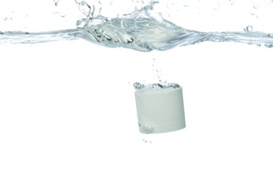 Cosmetic container fall into clear water with air bubble. Small cosmetic treatment container drop to clear water of freshness. White background isolated freeze element