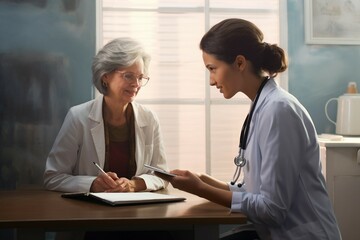 a female doctor sits desk chats elderly patient while looking test results woman office medicals business senior medicine talking hospital people nurse health laptop computer meeting working care - obrazy, fototapety, plakaty
