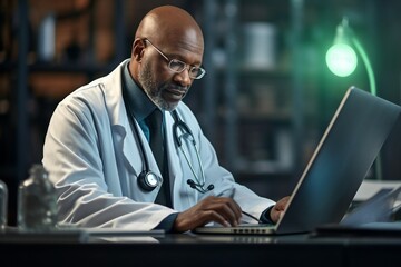 computer working doctor mature african medicals hospital man office clinic clinical happy work smile smiling stethoscope medicine professional laptop technology practitioner surgeon