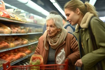 store grocery woman young elderly old senior retired assistance supermarket food market fruit vegetable helping shop shopping assistant people two persons basket buyer buying standing - obrazy, fototapety, plakaty