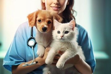vet dog cat puppy kitten doctor veterinary pet clinic care animal medicals health hospital medicine stethoscope examining sick exam professional cute happy young domestic nurse cocker spaniel