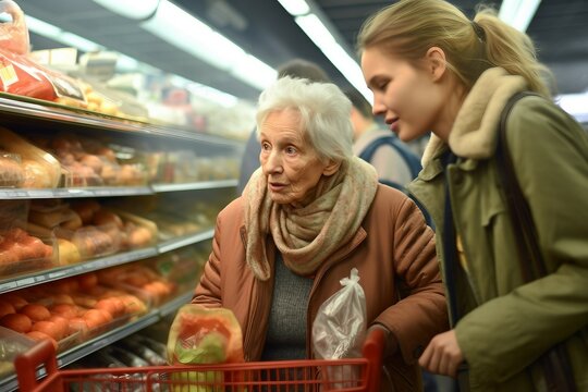 Store Grocery Woman Young Elderly Old Senior Retired Assistance Supermarket Food Market Fruit Vegetable Helping Shop Shopping Assistant People Two Persons Basket Buyer Buying Standing