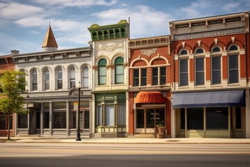 town small midwest street main storefronts shops downtown ornate business shop us architecture historic facades retail building - obrazy, fototapety, plakaty