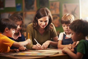 teacher class art children age elementary group  elementary preschool education school classroom learning kindergartner class student together drawing art colouring crayons happy smiling