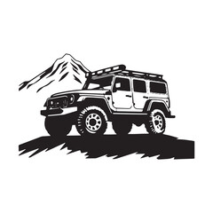 A logo of off road jeep 4x4 car silhouette visit mountain concept isolated icon vector black jeep