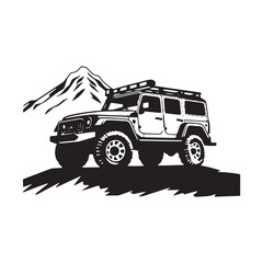 A logo of off road jeep 4x4 car silhouette visit mountain concept isolated icon vector black jeep © Saim Art
