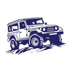A logo of off road jeep 4x4 car silhouette visit mountain concept isolated icon vector blue jeep