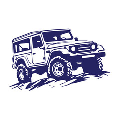 A logo of off road jeep 4x4 car silhouette visit mountain concept isolated icon vector blue jeep © Saim Art