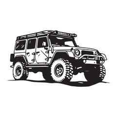 A logo of off road jeep 4x4 car silhouette visit mountain concept isolated icon vector jeep concept
