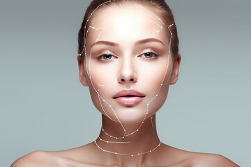 portrait beautiful woman perfect skin face arrows concept lifting cosmetology elastic young facial massage female surgery face-lift clean arrow fresh ageing beauty care treatment plastic closeup - obrazy, fototapety, plakaty