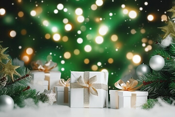 Fototapeta na wymiar Gift boxes and Christmas tree branches on bokeh background. 