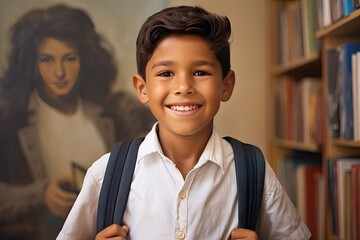 school boy hispanic Smiling education elementary children class happy primary pupil arab indian scholar student carrying middle eastern backpack standing young smile book bookshelf portrait - obrazy, fototapety, plakaty