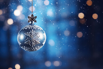 Fototapeta na wymiar Christmas decoration on a blue background with bokeh and snowflakes. 