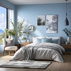 minimalist bedroom, there is an exhaust fan, shades of white and blue 