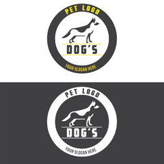 Dog design vector mockup with round logo and dog inside. Animal veterinary clinic logo concept outline icon ideal for vet