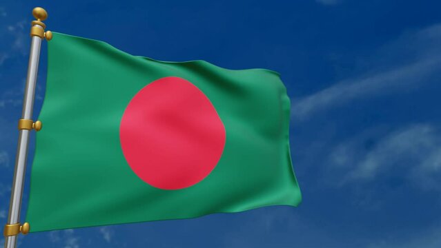 Bangladesh flag 3d animation fluttering in the wind on a background of white clouds and blue sky, the symbol of the country of bangladesh. 3d rendering