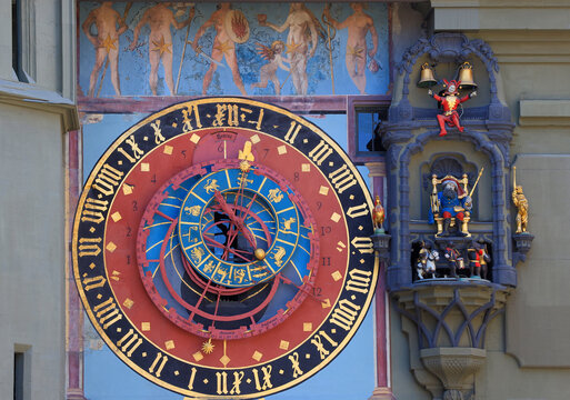 Astronomical clock on the medieval Zytglogge clock tower in Kramgasse street in old city center of Bern, Switzerland