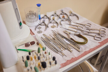 Set of metal Dentist's medical equipment tools