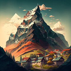 illustration of a house under the mountains, for use on posters or clothing. AI generated Images