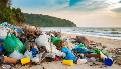 Garbage piling up on the beach with blue sky landscape