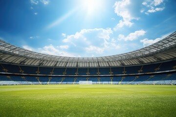 sky blue day sunny stadium pitch football grassy game sport green background nobody grass sunlight outdoors field nature sunshine natural architecture building cloud outside soccer daylight arena da - obrazy, fototapety, plakaty