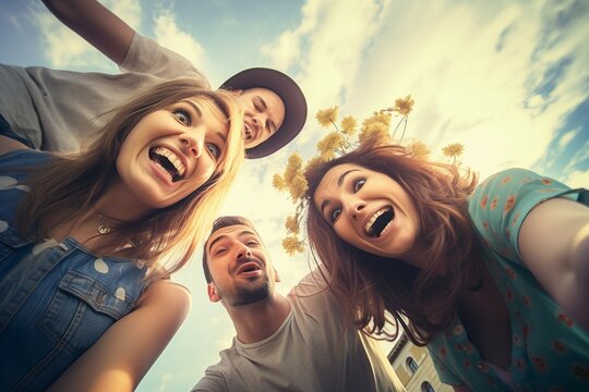 outdoors fun having selfie taking friends Best happy group photo young people hipster student generation making funny face cheerful friendship fashion expression filter college girl guy