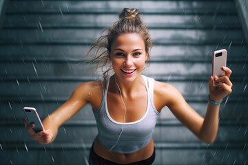 phone cell woman young fitness happy portrait fit sport exercise train athlete trainer training rejoicing rejoice female outdoors urban city