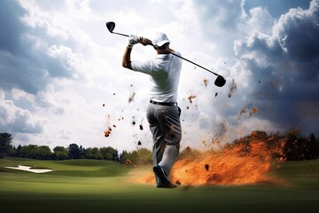 off teeing player golf   golf golfer golfing off tee off player course court green playing sport stroke box tee driver man wood active adult ball cloud club colours exercise game grass - obrazy, fototapety, plakaty