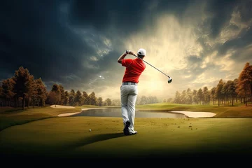 Foto op Plexiglas shot taking club golf Golfer course professional player Male sport bag competition competitive golfing hitting tee playing one person man aiming outdoors grass tree green summer spring nature sun la © akkash jpg